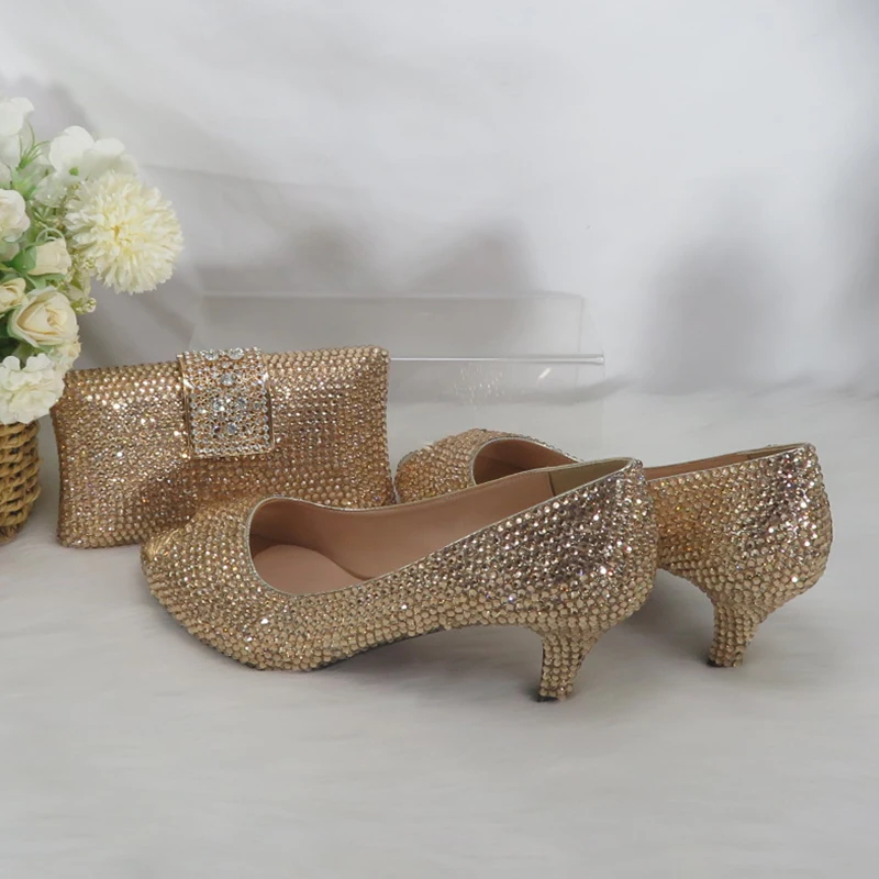 Champagne crystal wedding Bridal shoes with matching bags woman fashion Open Toe Thick heels Women party dress shoes Ankle Strap