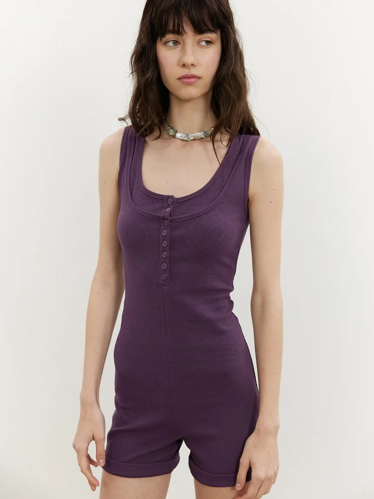 ชุดบอดี้สูท SOLWEIGE Sli Tee-Quarter Sve แบบมีกระดุมสองชั้น ดีไซน์คอวีขนาดใหญ่ แฟชั่นฤดูร้อน