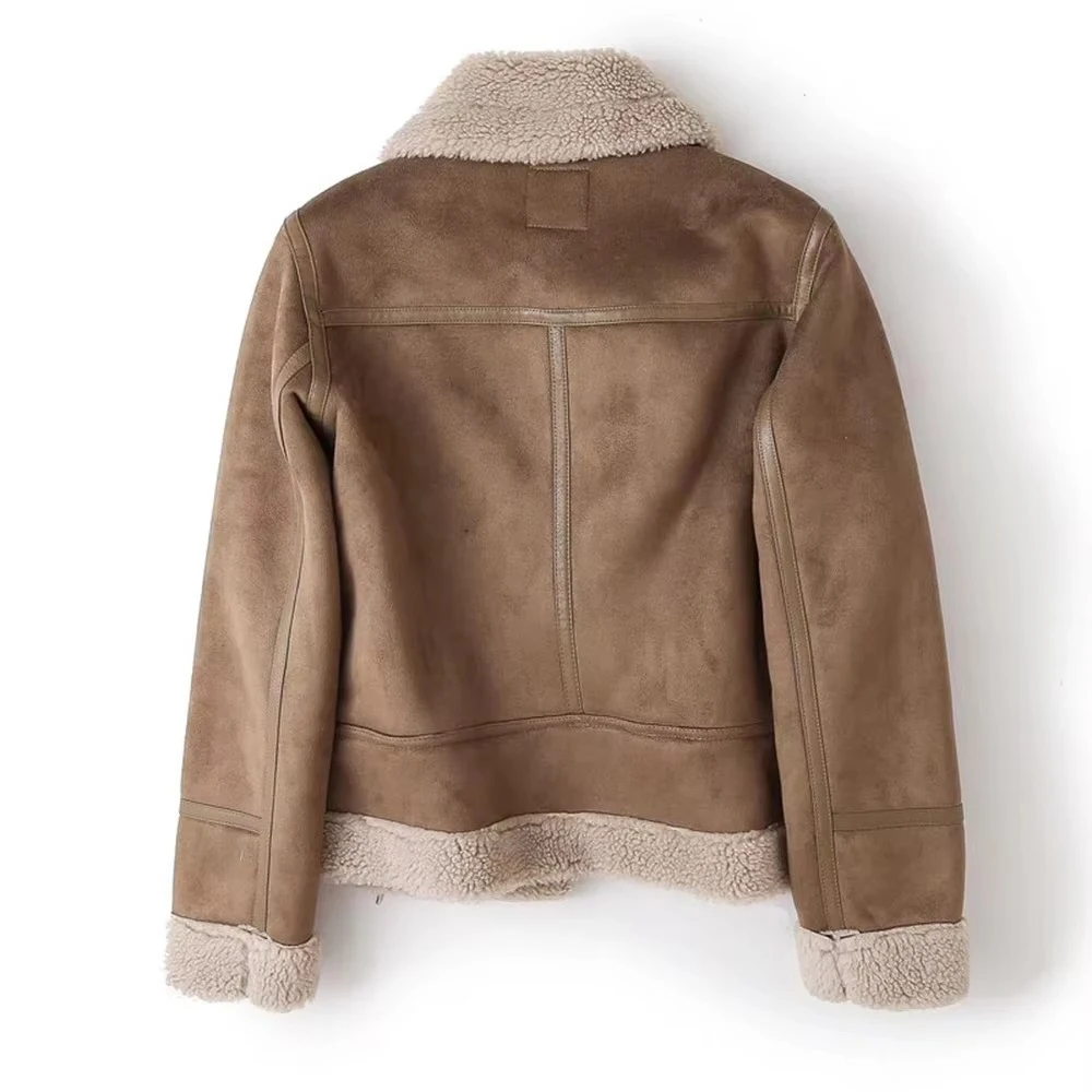 Winter Women Thick Warm Suede Lamb Jacket Short Motorcycle Brown Coats Faux Shearling Sheepskin Leather Jackets Outwear