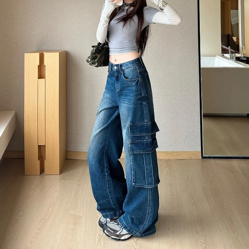 OIQERE Women High Waist Wide Leg Cargo Jeans Vintage Washed Multi Pockets Baggy Straight Denim Streetwear Trousers