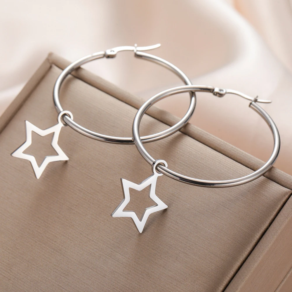 

My Shape 40mm Round Big Hoop Earrings for Women Gifts Flowers Stars Heart Maple Leaves Earrings Stainless Steel Fashion Jewelry