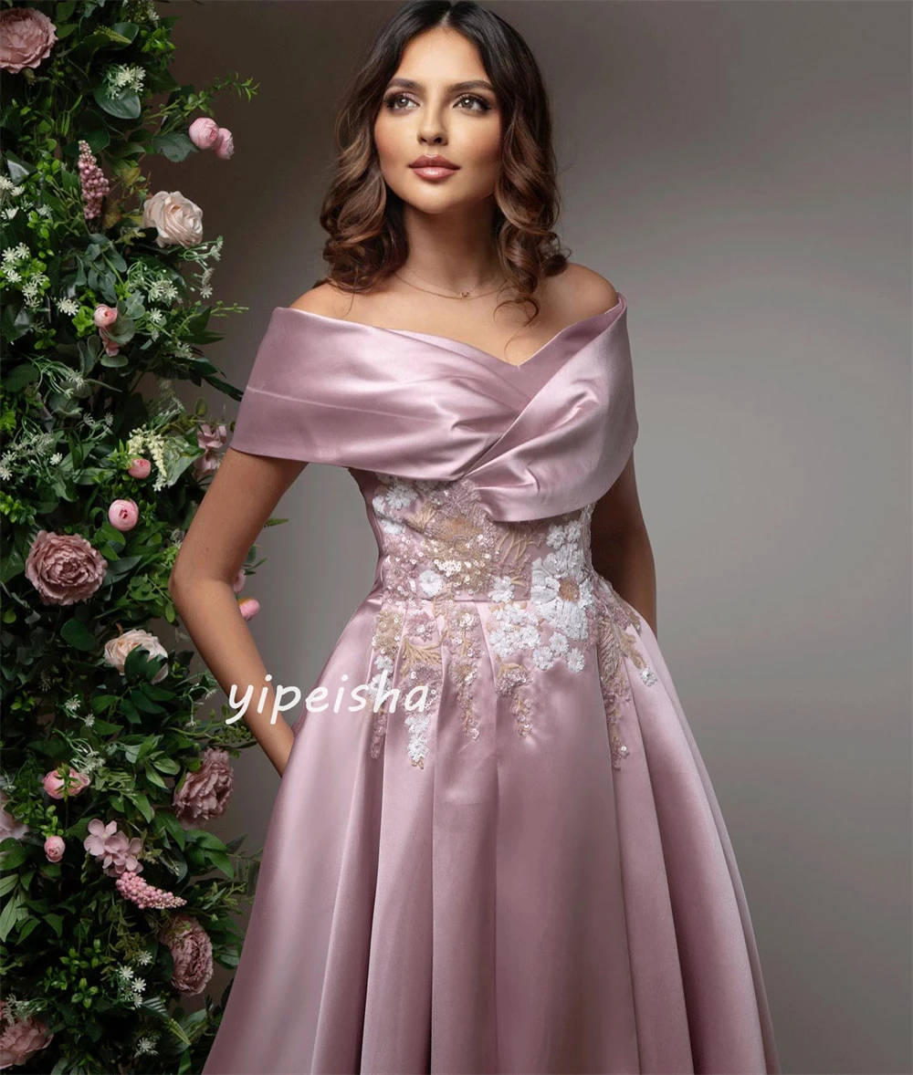 Customized Satin Applique Sequined Draped Evening A-line Off-the-shoulder Bespoke Occasion Gown Long Dresses