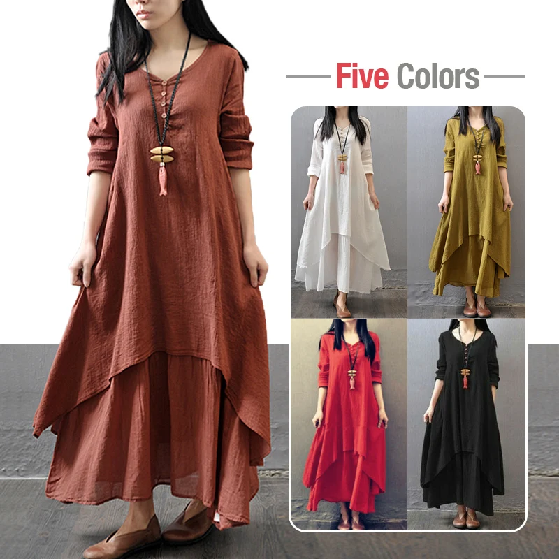 Summer Women  Boho Vintage Kaftan Loose Gypsy Maxi Dress Fake Two-piece Literary Irregular Large Swing Dress Robe