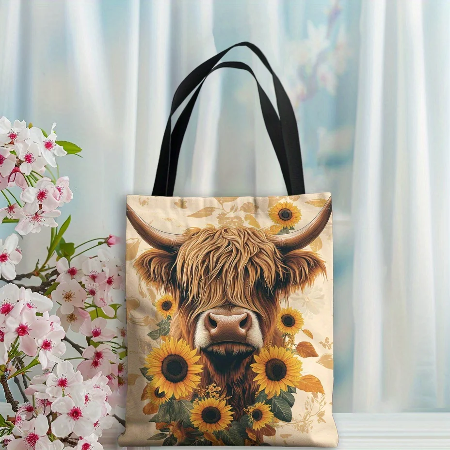 Stylish Element 1pc Highland Cows and Sunflowers Pattern Tote Bag, Perfect for Shopping, Cheap, And Reusable