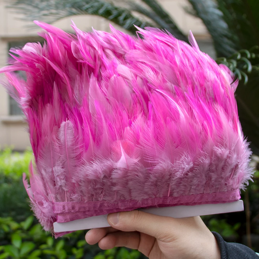 

Red Bean Paste Powder Rooster Feather Trim Fringe 10M 10-15CM for Wedding Dress Decoration Costume Accessory Clothing Craft