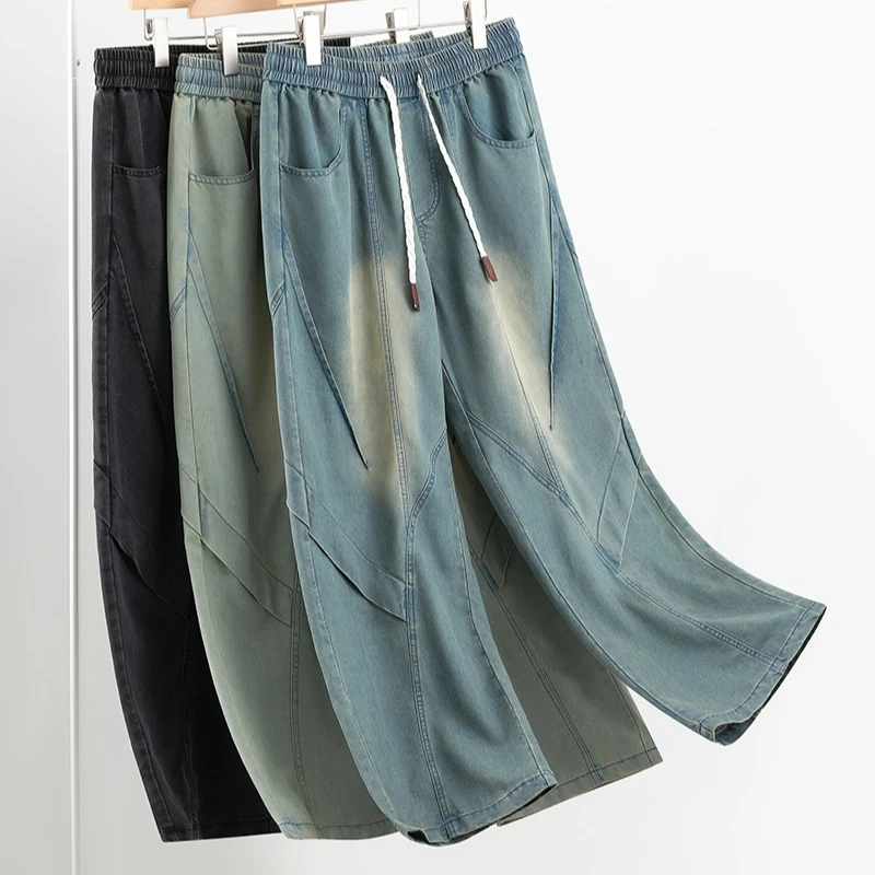 

Мужские джинсы больших размеров из лиоцелла, винтажные, прямые, высококачественные, легкие, для весны и лета, с эластичным поясом