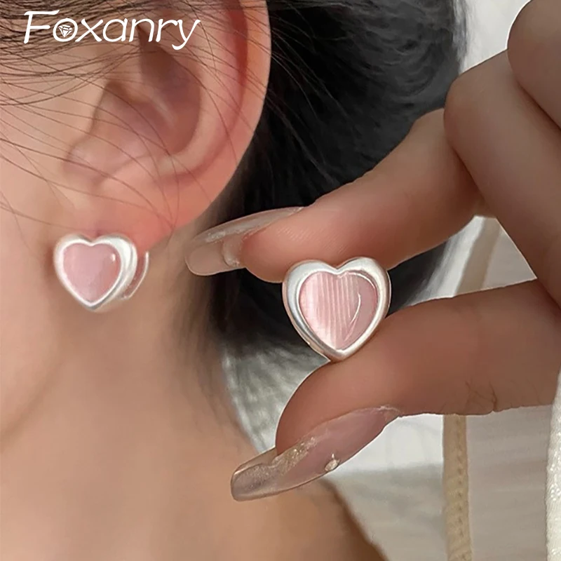 Foxanry Pink Zircons LOVE Heart Stud Earrings Bride Jewelry for Women Korean Cute Trendy Elegant Ear Jewelry Prevent Allergy