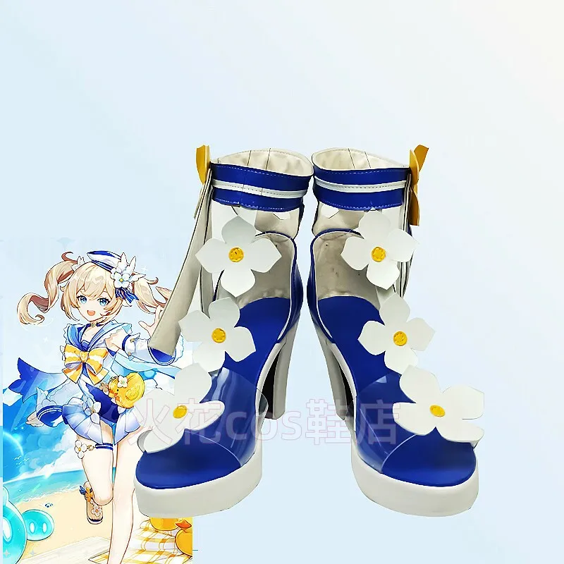 Anime Genshin Impact Barbara Cosplay Shoes Blue High Heels Short PU Leather Boots For Halloween Carnival