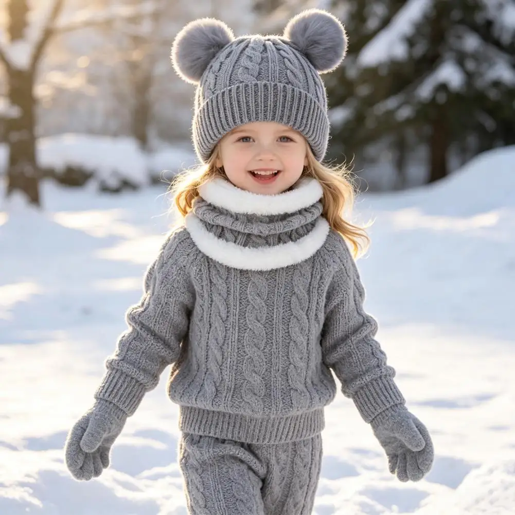 Kids Weather 3 Piece Set Kids Winter Knit Set with Bear Ear Hat Fleece Lined Neck Gaiter Full Finger Gloves – Thick for Boys