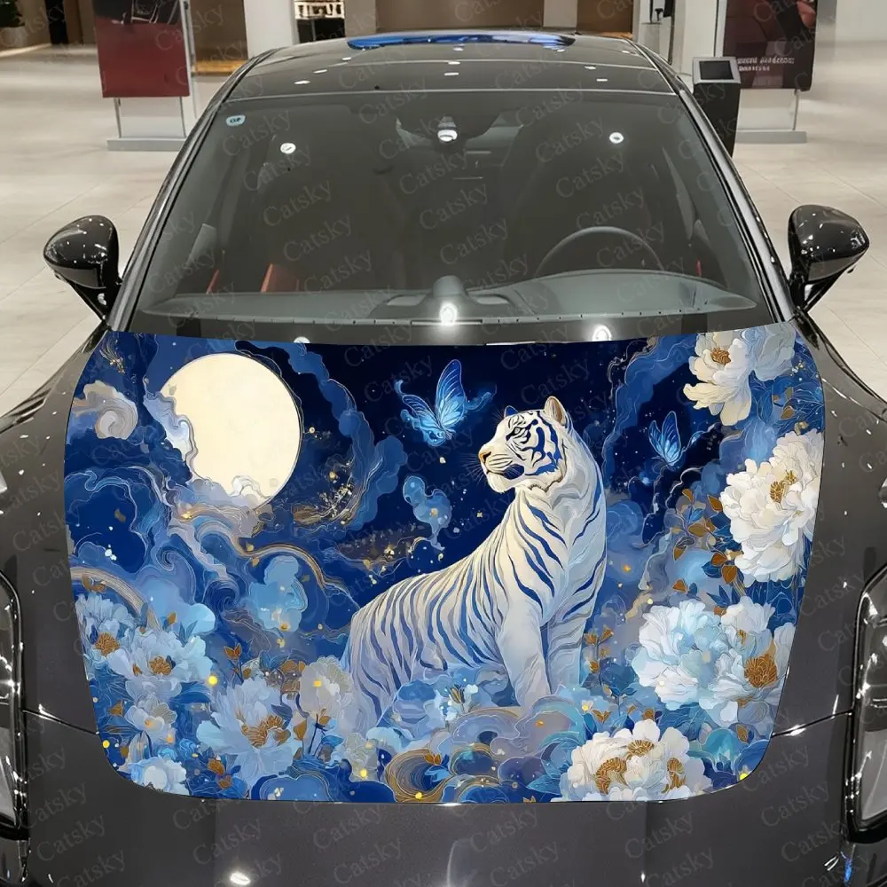 

Blue Moon White Tiger Car Vinyl Wrap, PVC Material Waterproof Car Hood Sticker, Self-Adhesive Scratch-Resistant Stickers for Eng