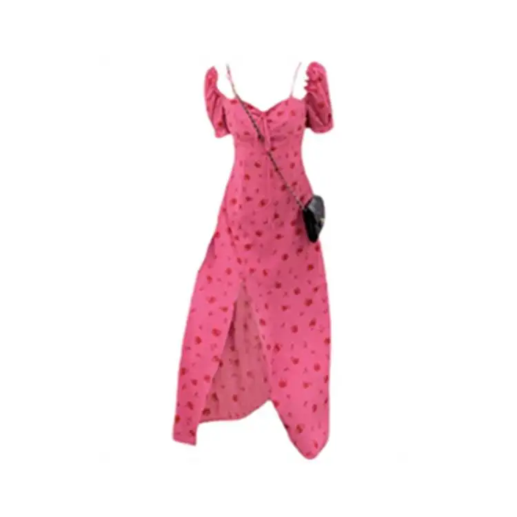 

Large Size Floral Print Maxi Dress for Women Travel Beach Side Split Short Sleeve Long Skirt European Style Bubble Sleeve Dress