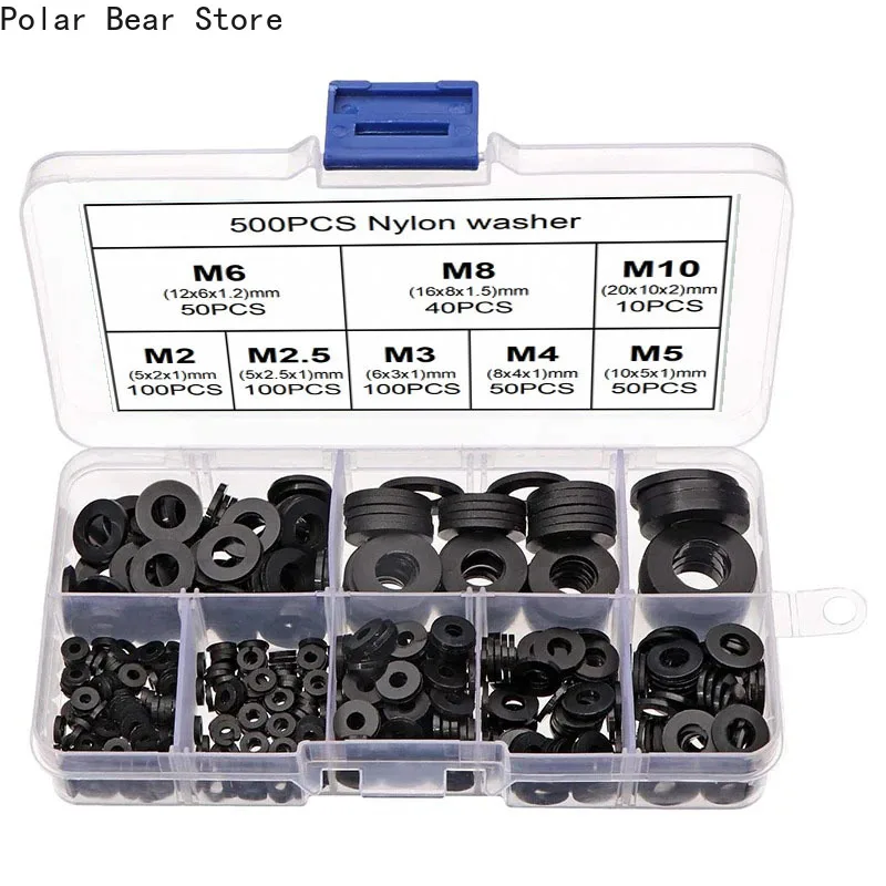 

M2 M2.5 M3 M4 M5 M6 M8 M10 Spacer Washer 500pcs/box Black Plastic Nylon Washer Flat O-rings Assortment Kit Car Accessories