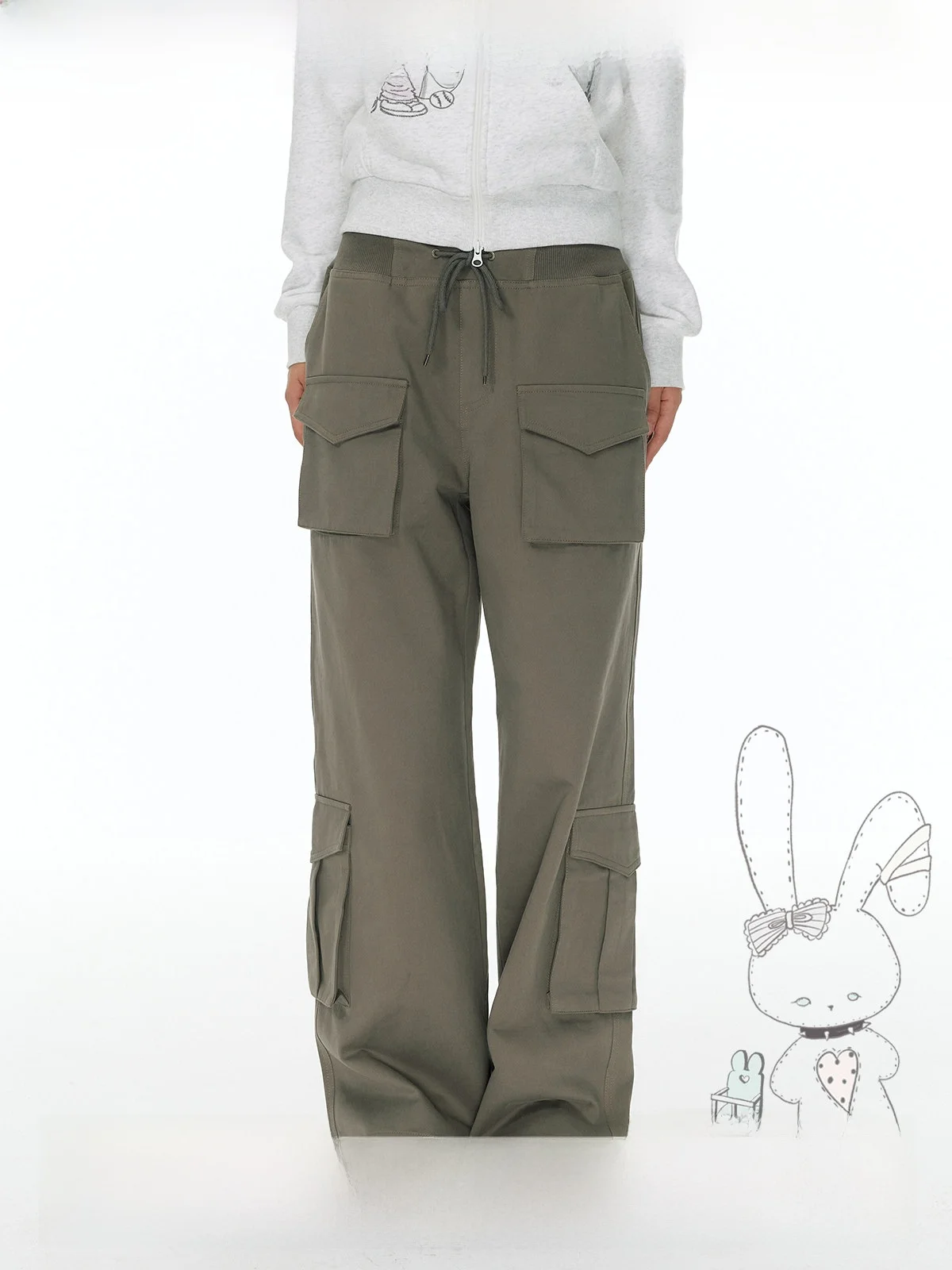 YUPH Casual Wide Leg Pants Women's Multi-Pocket Drawstring Waist Patchwork Slimming Long Trousers Workwear Style Cotton