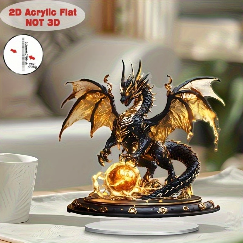 2D Retro Black & Gold Fire Dragon Acrylic Decorative Piece Versatile Home Use Boys Tabletop Decor Ideal for Boys Home Decor