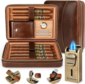 Cedar Wood Leather Cigar Box Set with Lighter, Humidifier, Tray for 7 Cigars - Portable Travel Case, Men's Gift