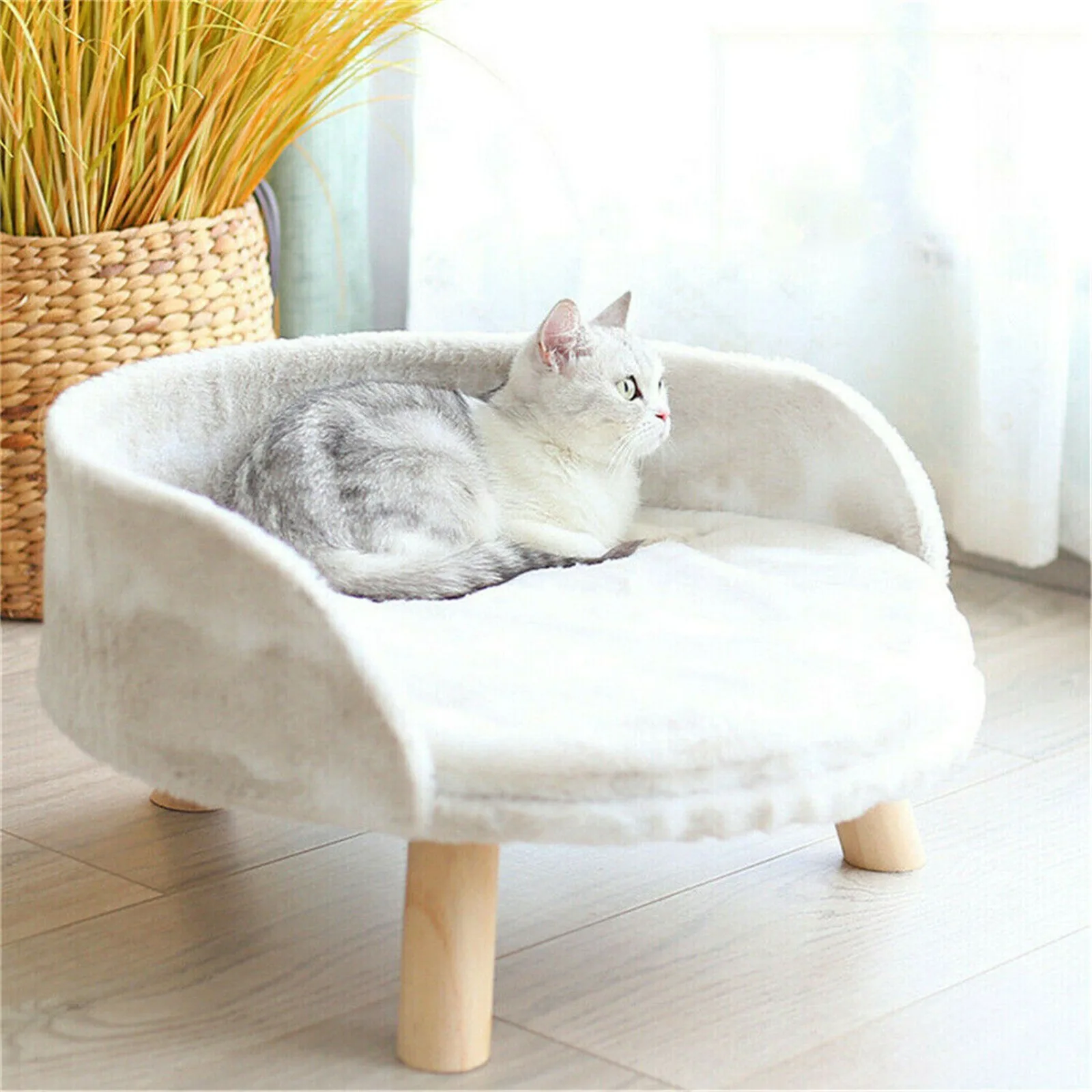 Upholstered Raised Dog Cat Bed Sofa Round Pet Couch Removable Cushion