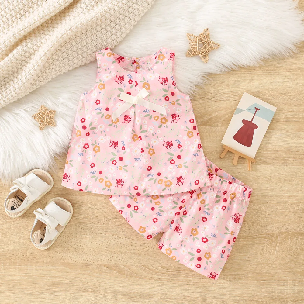 2Pcs/Set Summer New Cute Floral Two-Piece Round Neck Sleeveless Top And Shorts For Girls