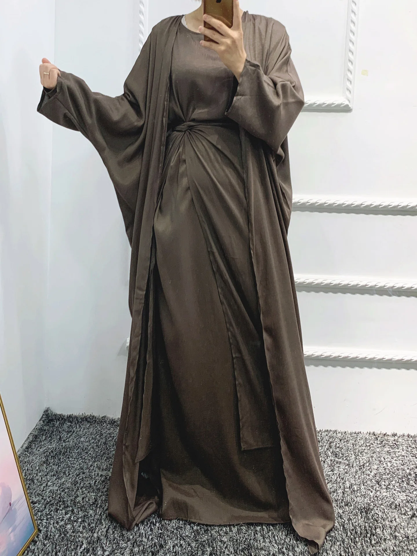 3 Piece Abaya Set Set Women Muslim Linene Dubai Turk Modest Outfit 3/4 Sleeve Kimono+Dress+Wrap Tie Skirt Ramadan Eid Hijabi