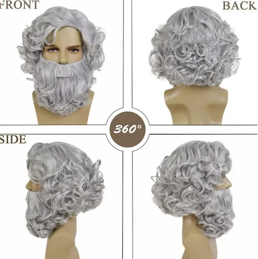 Conjuntos de barba e peruca de feiticeiro sintético curto cinza velho encaracolado peruca traje zeus cosplay terno cinza para homens carnaval festa de natal