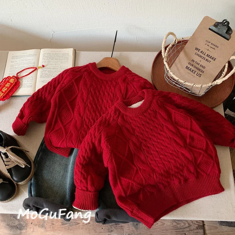 

01-Children's Sweater Winter Boys and Girls Retro Cable Knit Pullover Baby New Year Stylish Knitted Sweater Thick Trendy
