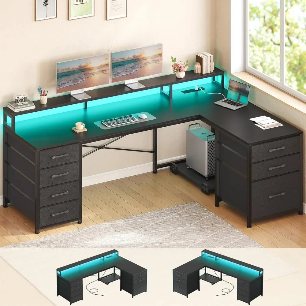 

Reversible 58" Small Computer Desk with 7 Drawers and Power Outlet