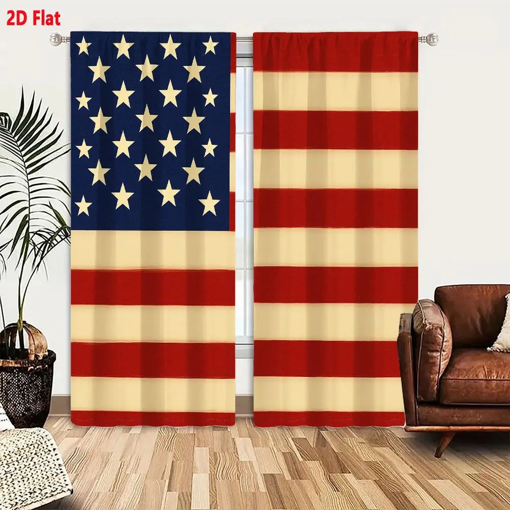 2Pcs Curtains 2D Flat United States Flag Stylized Representation With White Stars On Blue Canton And Alternating Red White Strip