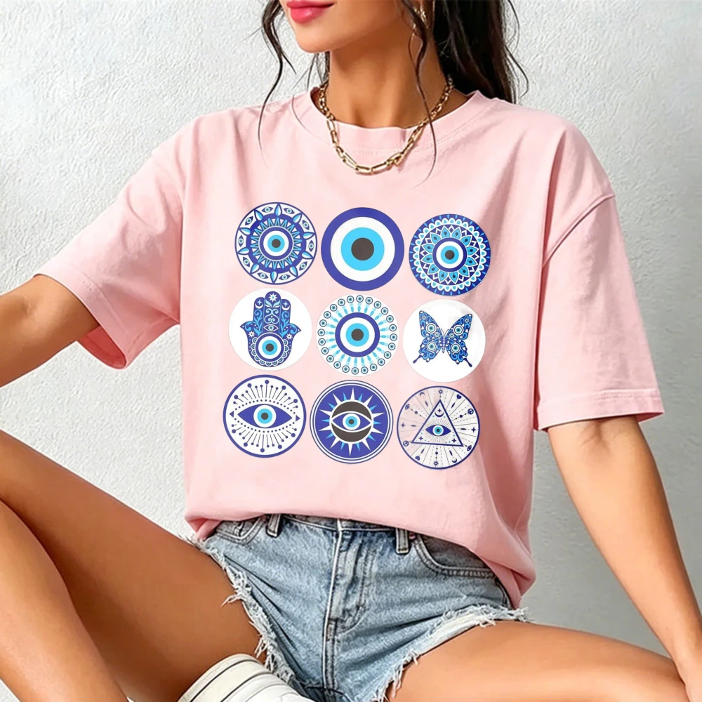 Retro Trend Evil Eye Hamsa Grid Graphic Tee Mandala Butterfly Protection Charm Unisex Top Harajuku Cotton Short-sleeve Tees