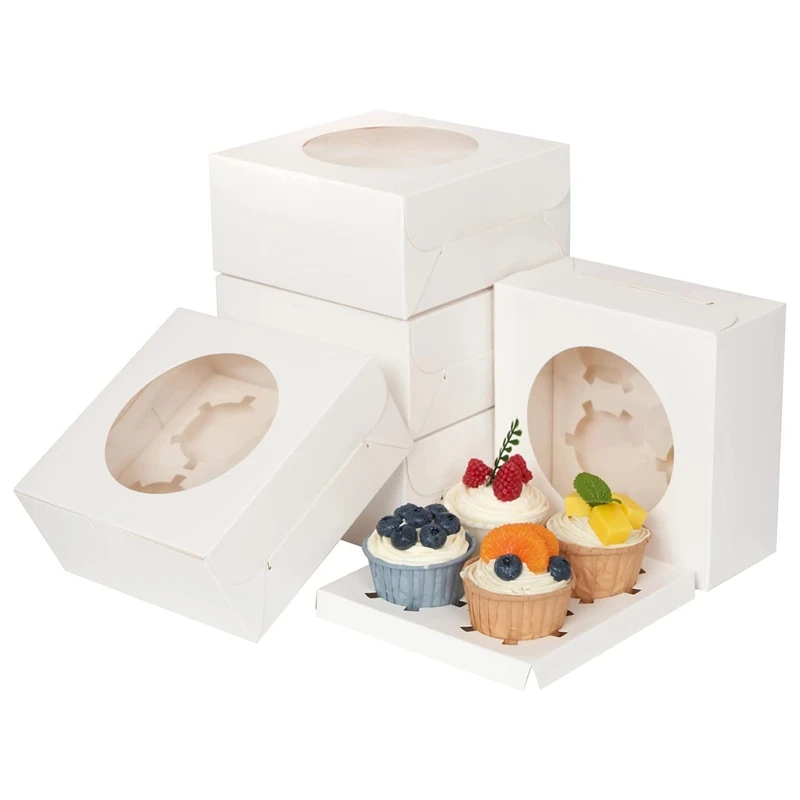 50 Packs Cake Box, Cookie Box,Bakery Boxes White With Clear Window 4 Count Cupcake Boxes,Treat Boxes