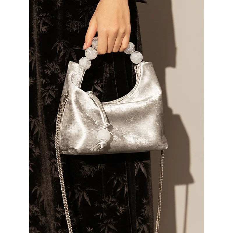 

New Chinese National Style Dumpling Bag Satin Cowhide Women's Bag Niche One Shoulder Crossbody Handbag Pearl Chain Women's Bag