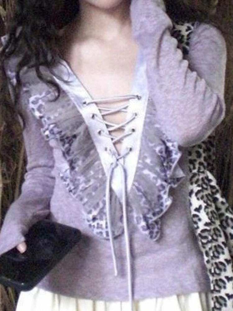 Y2k 美的フリルパッチワークセーター原宿女性セクシーな包帯ストリートウェアジャンパー秋グランジヴィンテージ妖精プルオーバー