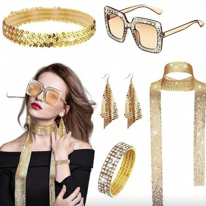 1 Set de Accesorios Vintage de los 70s y 80s para Mujer: Gafas de Sol con Purpurina, Collares, Pendientes, Disfraces Hippie, Atuendos de los 60s, Accesorios para Cosplay de Prom de los 70s