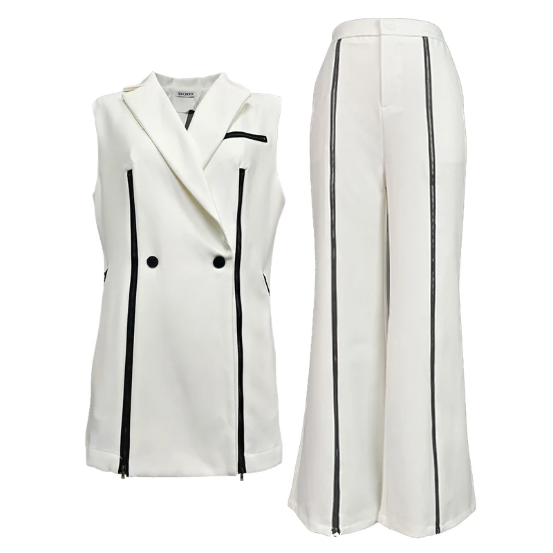 

UOOZEE офисные женские деловые комплекты из двух предметов, модный жилет без рукавов на молнии, блейзер и свободные расклешенные брючные костюмы с высокой талией