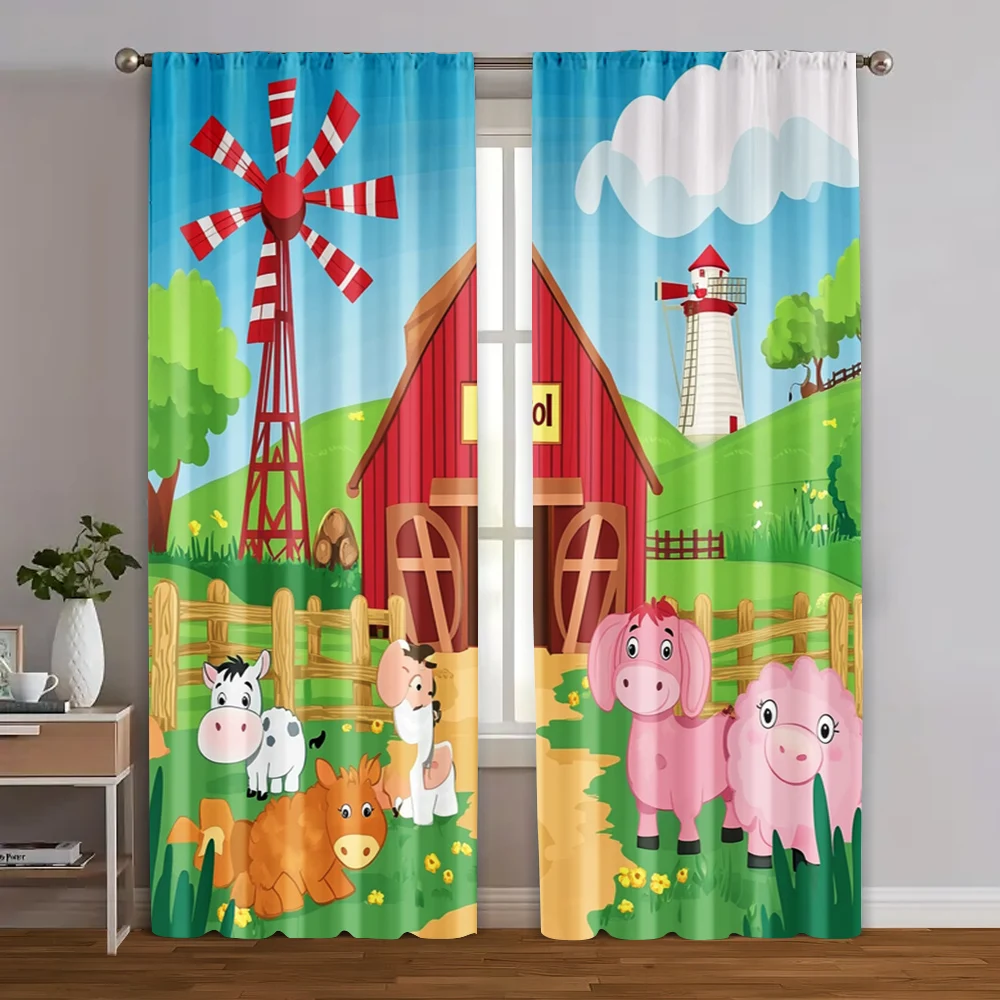 

2pcs, Window Curtain Cartoon Farm Versatile Fabric (without rod) All Seasons Ldeal for Living Room, Office, Kitchen, Bedroom,