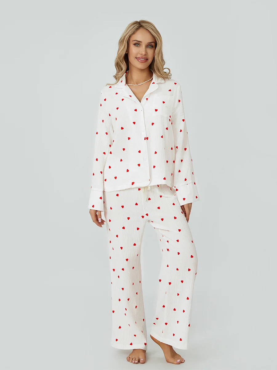 wsevypo Heart Print 2 Piece Pajamas Set Women\'s Casual Loungewear Long Sleeves Button Shirt and Elastic Pants Soft Sleepwear