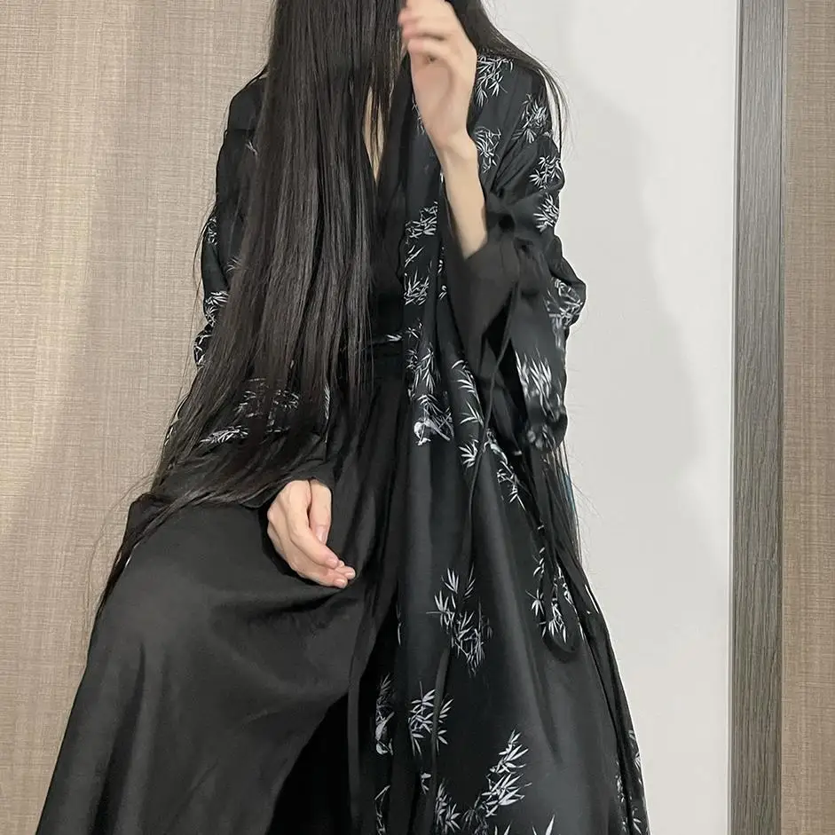 New Chinese Style Hanfu Suit Black Gothic Diablo Bamboo Leaf Printed Skirt Coat Speckle Ink Darkness Wei Jin Cosplay Costume