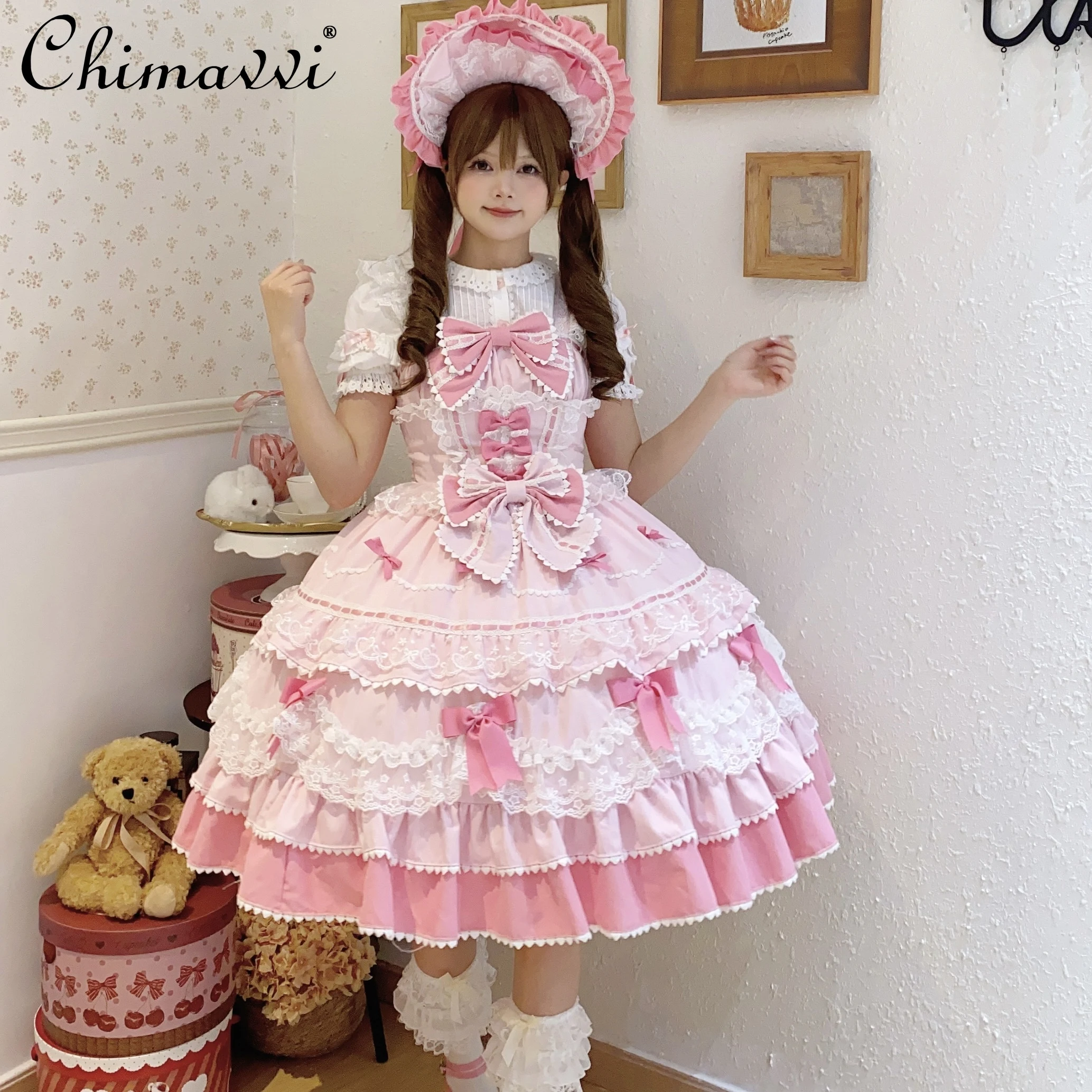 New 2025 Summer Original Sweet Lolita Jsk Dress Cute Bow Lace Stitching Kawaii Girls Women Elegant Slim Suspender Dresses - Image 3
