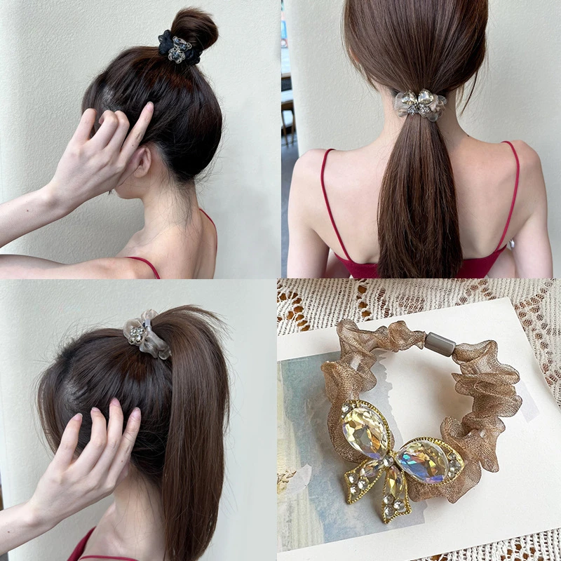 Korean Crystal Headband New Simple Large Intestine Hair Band Feminine Style Hair Ponytail Rubber Band Light Luxury