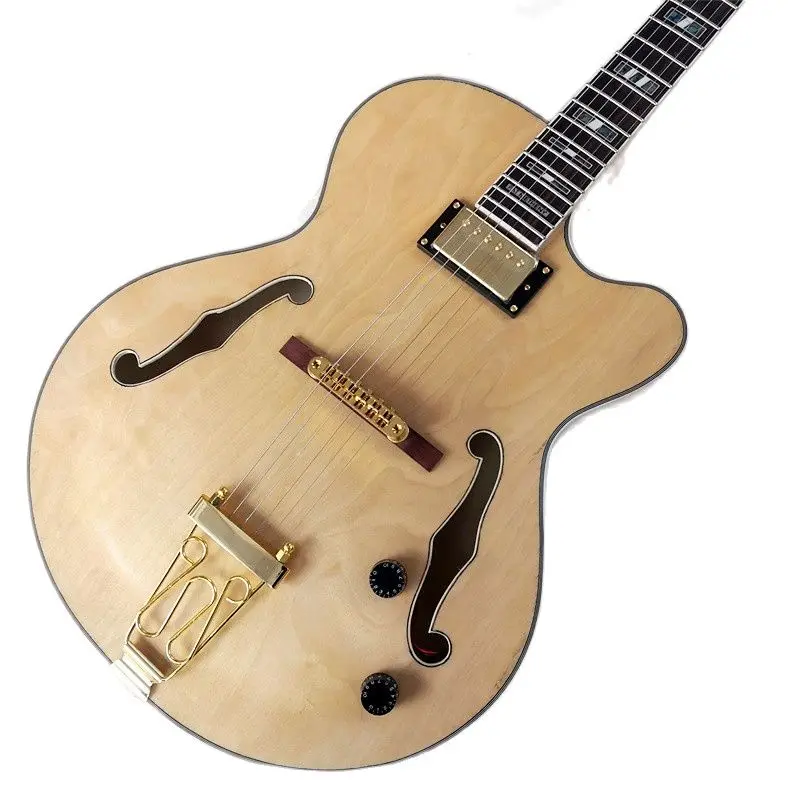 Maple Hollow Electric Guitar in Wood Color, Double F Hole, Gold Accessories, Rose Wood String Bridge, Can Be Customized