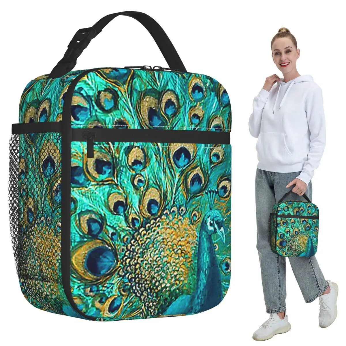 

Peacock Feathers Insulated Lunch Bag for Women Office Cooler Thermal Food Box Tote Portable Lunch Boxes Container