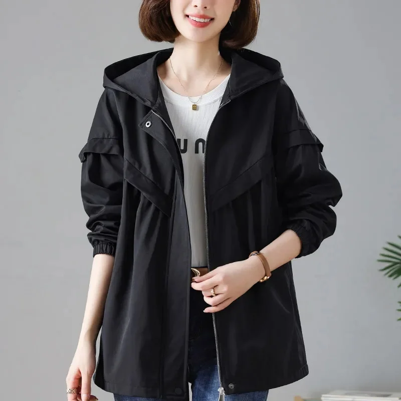 

2025 Female Large Size 5XL Lined Outwear Korean Women Long Sleeves Trench Jacket Spring Autumn Ladies Hooded Windbreaker Coat