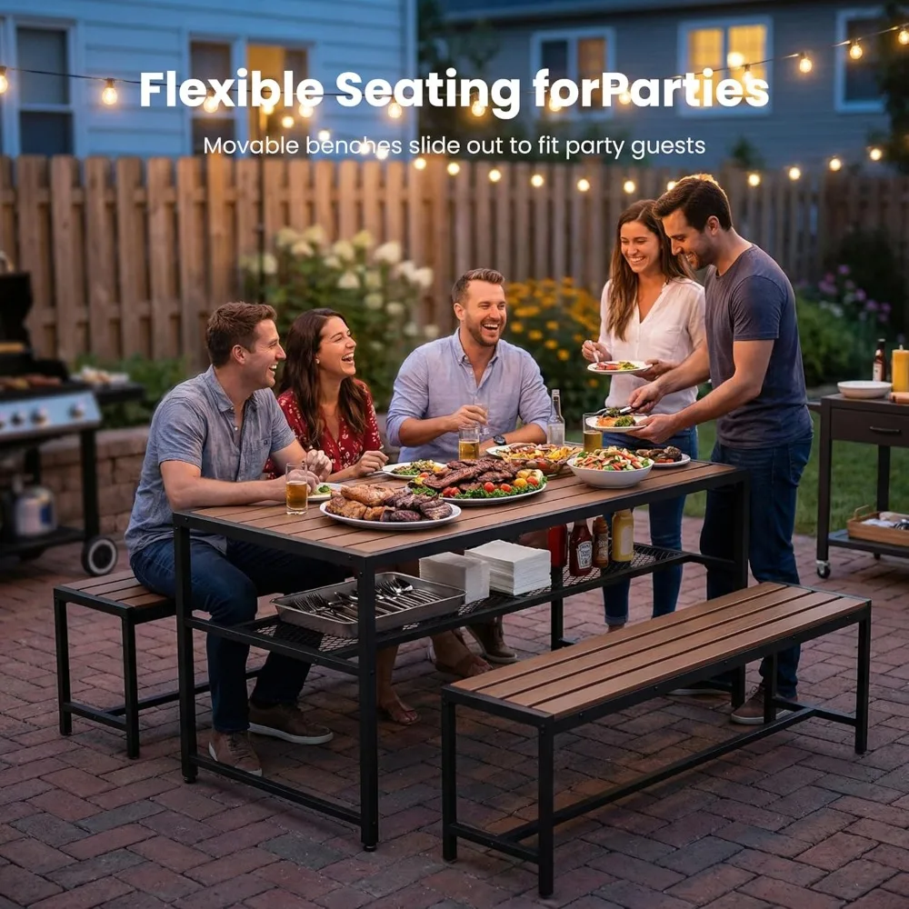 

Outdoor Dining Set, 55" Picnic Table with Umbrella Hole & Storage Shelf, 3-Piece Set with 2 Movable Benches, Customized