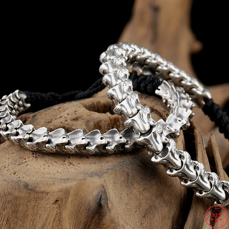 

S925 Sterling Silver Charm Bracelets New Fashion Wax Hope Spine Snake Bone Hand String Argentum Punk Jewelry for Women Men