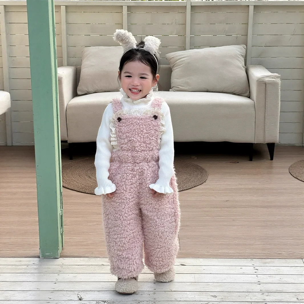 

2025 New Winter Children Warm Lamb Fleece Overalls Cotton Girls Warm Trousers Fashion Kids Strap Pants Baby Casual Clothes