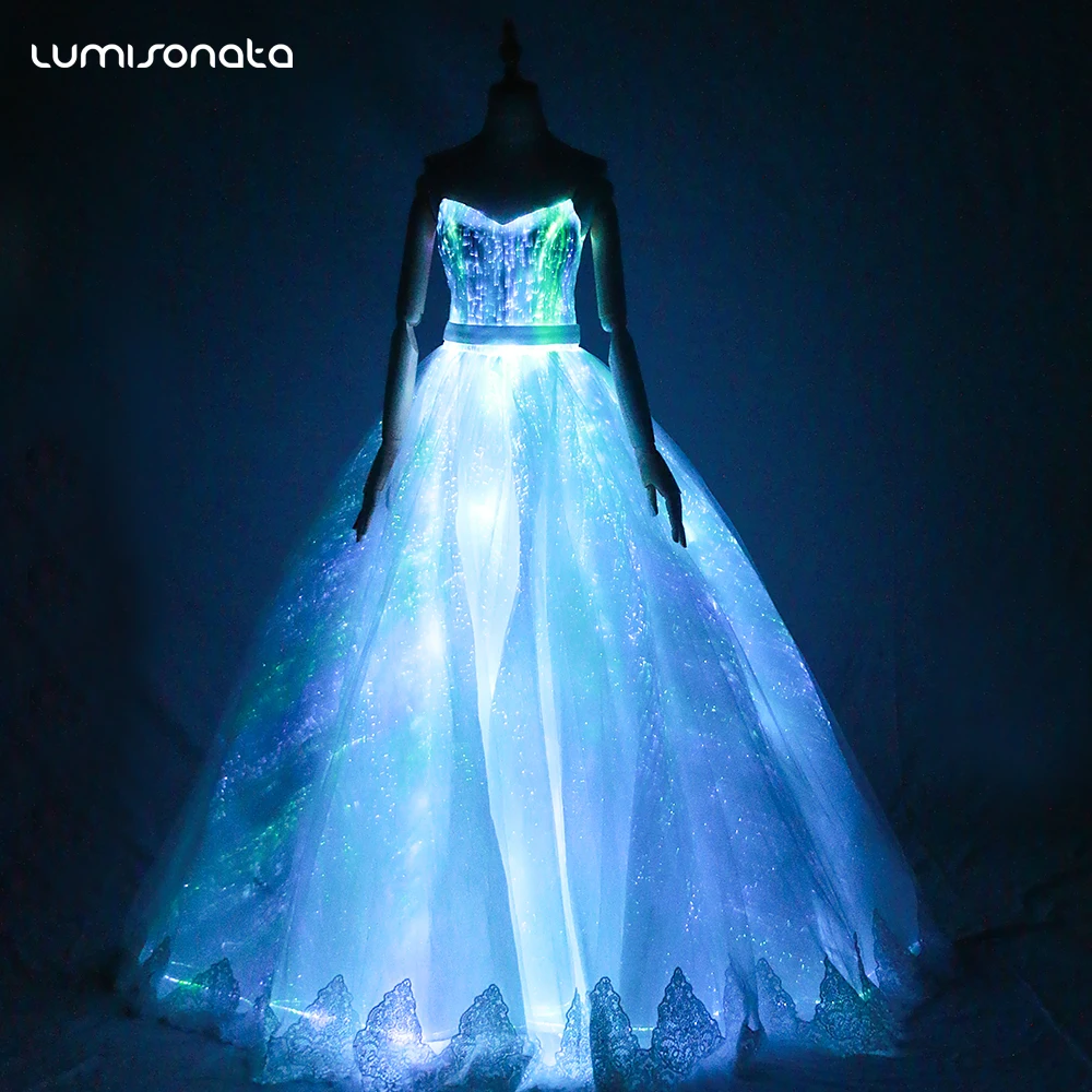 Lumisonata Light Up Glow In The Dark Fiber Optic Fabric Women Customizable Luminous Dress Led Long Skirt For Wedding Party