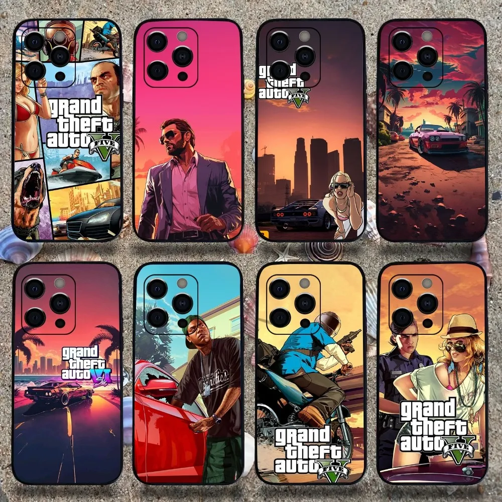 Game G-GTA 5 6 Vice City Phone Case For Apple iPhone 15,14,13,12,11,Pro,X,XS,Max,XR,Plus,Mini Soft  black shell