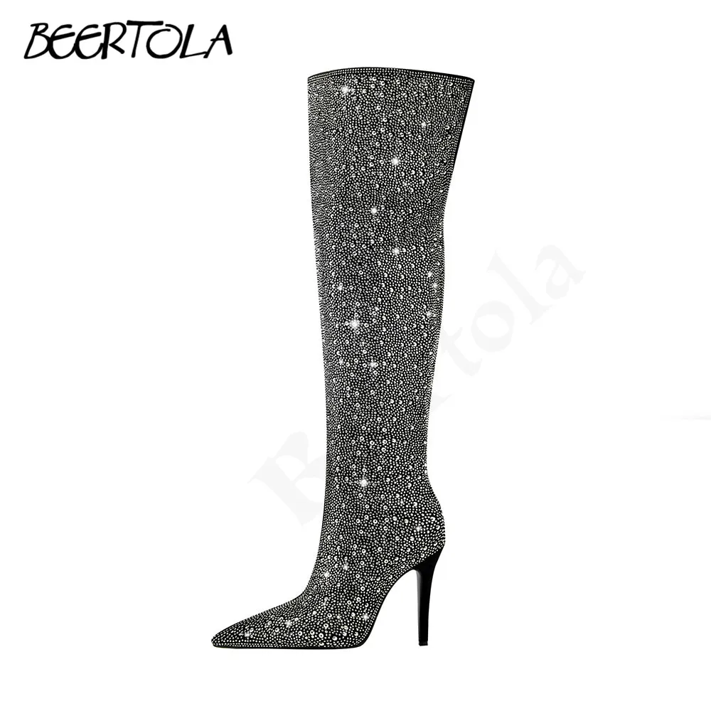 Luxury Full Diamond Pointed Boots Stiletto Heels Side Zipper Over The Knee Boots Fashionable Large Size Women's Boots