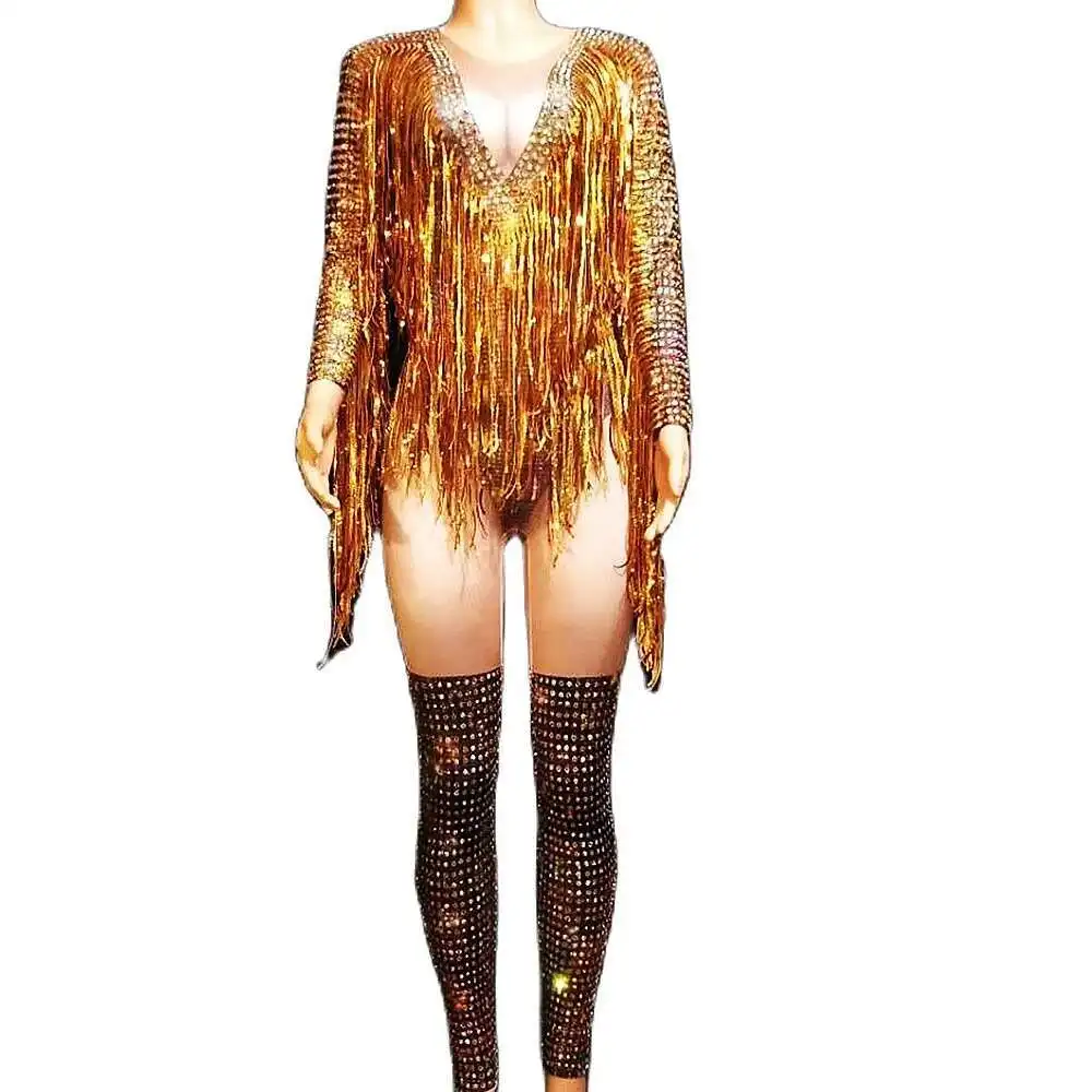 Shining Gold Women Crystal Fringe Jumpsuits Nightclub Singer Performance Long Sleeve Bodysuits Evening Prom Celebrate Costume