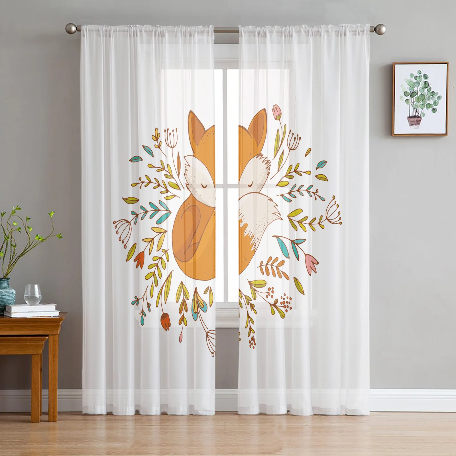 

Animal Cute Fox Flower White Print Sheer Window Panel Curtains Room for Living Room Bedroom Kitchen Room Chiffon Tulle Curtains