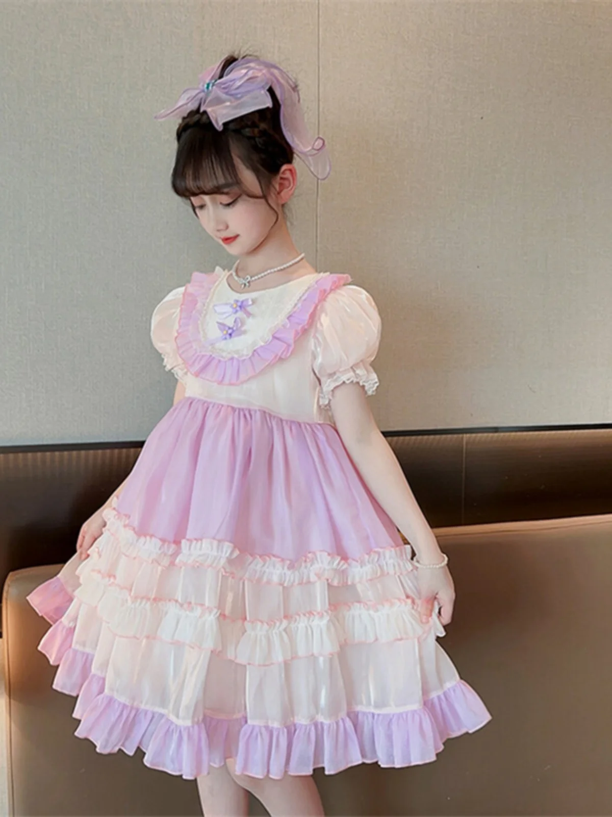 Vestido Lolita Rosa Estilo Princesa para Meninas, Nova Moda de Verão, Saia Puff para Meninas Pequenas, Vestido de Algodão com...