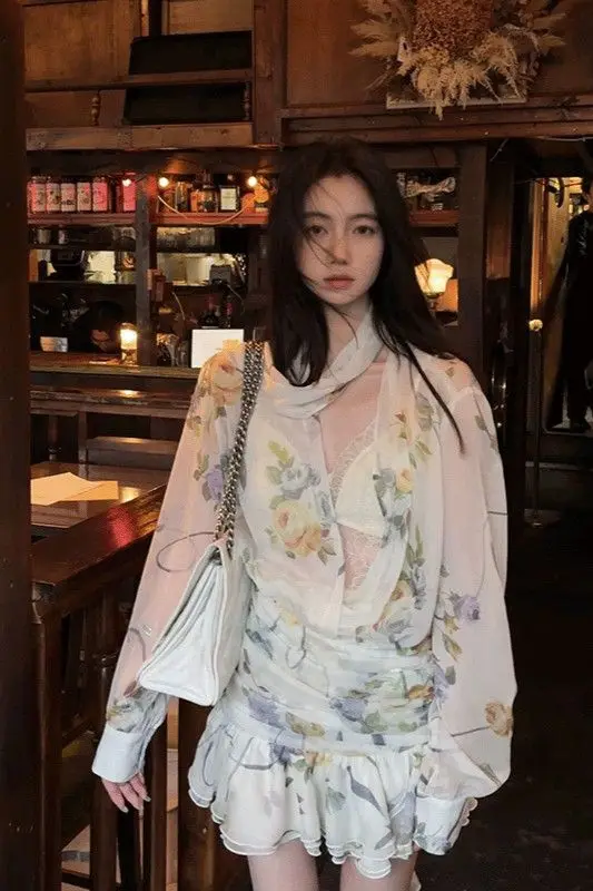 

French Floral V Neck Long Sleeve Chiffon Dress 2024 Summer Women Elegant Waist Tie A-Line Mini Dress Feminine Outfit Hot Sale
